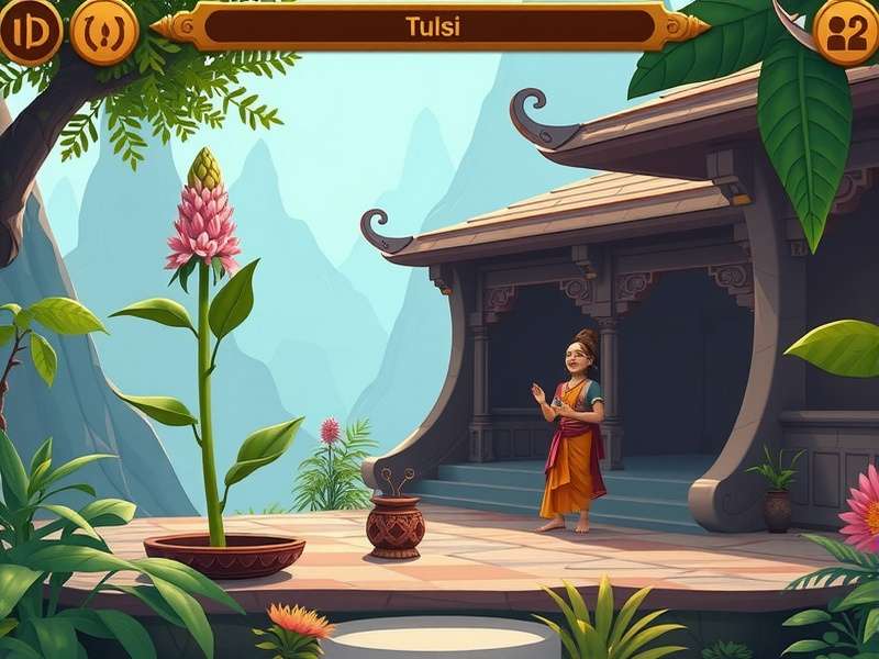 Auspicious Tulsi Passage gameplay screenshot showing sacred Tulsi plant and Indian-style characters